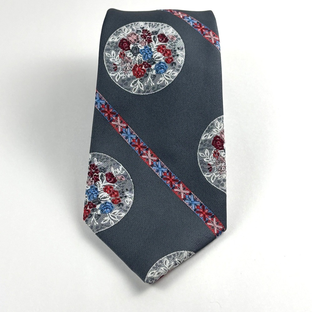 Pirelli Collection Necktie Mens OS Gray Floral Medallion Woven Tie Vintage Retro